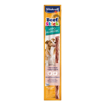 Beef Stick® Hypoallergenic, 50 St, HU Vitakraft Beef Stick für Hunde, gekennzeichnet als "Hypoallergen," zeigt einen Hund und einen Rinderstick mit "Reich an frischem Fleisch" und "Zuckerfreies Rezept."
