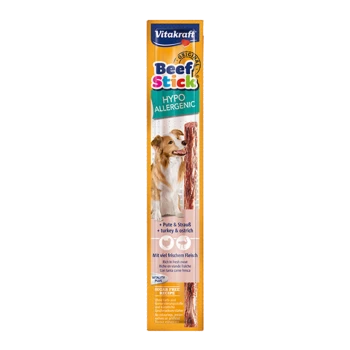 Vitakraft Beef Stick für Hunde, gekennzeichnet als "Hypoallergen," zeigt einen Hund und einen Rinderstick mit "Reich an frischem Fleisch" und "Zuckerfreies Rezept."