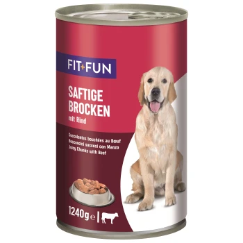 Boîte de nourriture pour chien étiquetée "FIT+FUN Saftige Brocken mit Rind," présentant des morceaux juteux avec du bœuf, 1240g, avec une image d'un bol de nourriture.