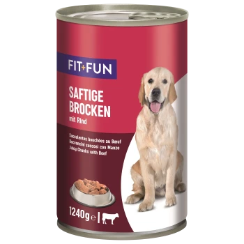 Dose Hundefutter mit der Aufschrift "FIT+FUN Saftige Brocken mit Rind", mit saftigen Stückchen Rindfleisch, 1240g, mit einem Bild einer Futterschüssel.