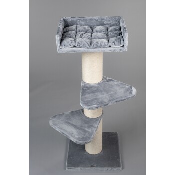 Grauer Katzenbaum mit einem plüschigen oberen Platz, zwei dreieckigen Plattformen und einem mit Sisal umwickelten Kratzbaum.