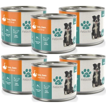 Sechs Dosen Hundefutter mit der Aufschrift "Ente, Gans und Hirse" und einem schwarz-weißen Hund auf der Vorderseite, die hochwertige, mehrproteinreiche Zutaten präsentieren.