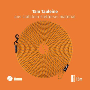 15m orangefarbene Kletterseil-Leine mit einem stabilen Clip, mit dem Text "15m Tauleine aus stabilem Kletterseilmaterial" und "8mm".