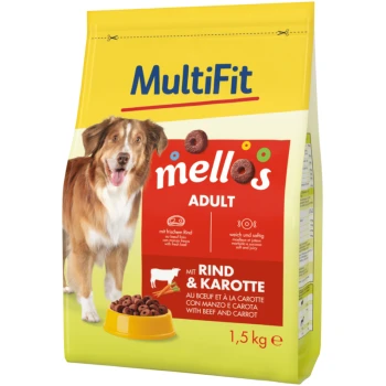 Un sac de 1,5 kg de nourriture pour chiens adultes MultiFit Mellos, mettant en avant du bœuf et des carottes sur un fond jaune.