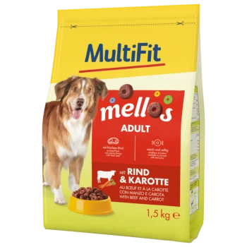 Eine 1,5 kg Tüte MultiFit Mellos Hundefutter für Erwachsene, mit Rindfleisch und Karotte auf einem gelben Hintergrund.