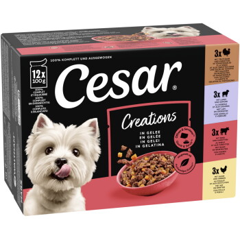 Boîte de nourriture pour chiens Cesar Creations avec un Westie et un bol de nourriture humide ; texte visible « Cesar », « Creations », « 12x100g », « EN GÉLÉE ».