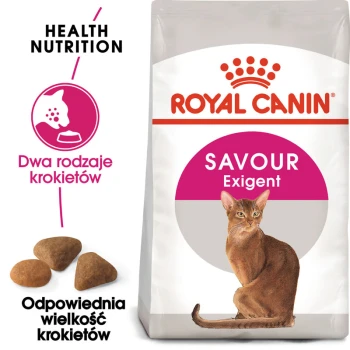 Worek z jedzeniem dla kotów Royal Canin Savour Exigent z ilustracją brązowego kota, z tekstem podkreślającym 'Zdrowa żywność' i 'Dwa rodzaje krokietów.'