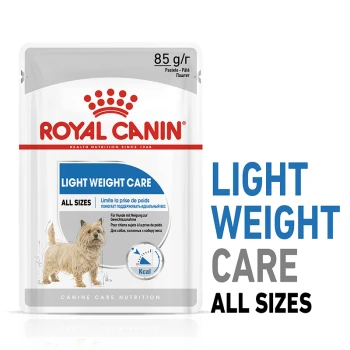 Royal Canin Light Weight Care dog food pouch, 85g, featuring a dog illustration and text highlighting weight management for all sizes.