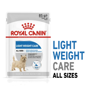 Royal Canin Light Weight Care dog food pouch, 85g, featuring a dog illustration and text highlighting weight management for all sizes.
