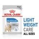 Royal Canin Light Weight Care dog food pouch, 85g, featuring a dog illustration and text highlighting weight management for all sizes.