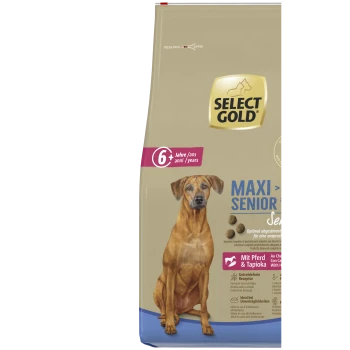 Select Gold Maxi Senior Sensitive Hundefutterbeutel für Hunde über 25 kg, 6+ Jahre, mit Pferd & Tapioka, getreidefreie Formel.