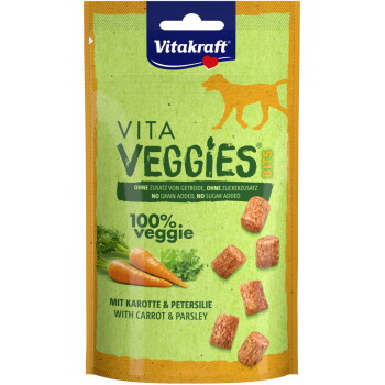 Pochette Vitakraft Vita Veggies Bits, friandises pour chien 100 % végétales à la carotte et au persil ; « sans céréales ajoutées, sans sucres ajoutés ».