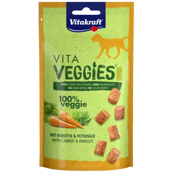 Pochette Vitakraft Vita Veggies Bits, friandises pour chien 100 % végétales à la carotte et au persil ; « sans céréales ajoutées, sans sucres ajoutés ».
