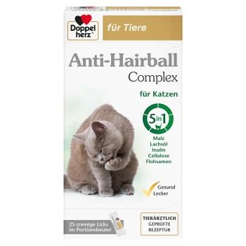 Anti-Haarball-Komplex für Katzen von Doppelherz, mit einer Katze, die sich selbst pflegt, mit Text, der die '5 in 1'-Vorteile und Zutaten hervorhebt.