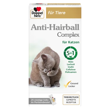 Anti-Haarball-Komplex für Katzen von Doppelherz, mit einer Katze, die sich selbst pflegt, mit Text, der die '5 in 1'-Vorteile und Zutaten hervorhebt.