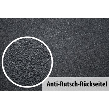 Nahaufnahme einer strukturierten schwarzen Matte mit rutschfester Rückseite, die den Text "Anti-Rutsch-Rückseite!" in Fettdruck zeigt.