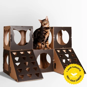 Katzenhaus Superior Castle - schwarz Eine verspielte Bengal-Katze sitzt auf einem mehrstöckigen Pappspielhaus mit ausgeschnittenen Löchern, das ein gelbes "1 Jahr Garantie 100% Geld zurück"-Schild zeigt.