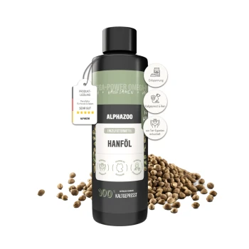Flasche mit ALPHAZOO Hanföl für Hunde und Katzen, beschriftet mit 'Hanföl', mit einem Pfotenabdruckdesign und verstreuten Hanfsamen darum herum.