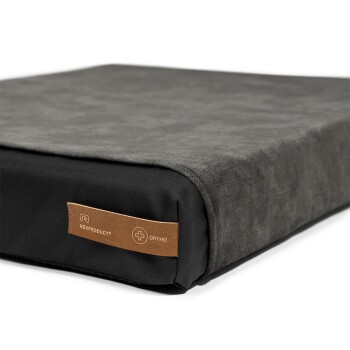 Orthopädisches Haustierbett in Dunkelgrau mit schwarzem Boden, mit einem braunen Etikett, das "Rexproduct® Ortho" liest.