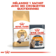 Emballage Royal Canin montrant de la nourriture sèche pour adultes Ragdoll et de la nourriture humide Intense Beauty avec le texte : "Mélangez 1 sachet avec ses croquettes quotidiennes."