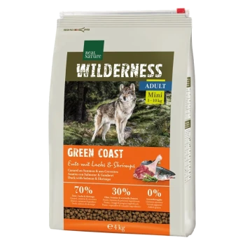 4 kg Sack Real Nature Wilderness Hundefutter, "Green Coast," mit Wolf-Bild; 70% Ente, Lachs, Garnelen, 30% Früchte & Gemüse, keine Körner.