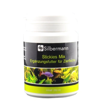 Behälter mit Silbermann Stickies Mix, einem Ergänzungsfutter für Zierfische, mit einem Fassungsvermögen von 250 ml.