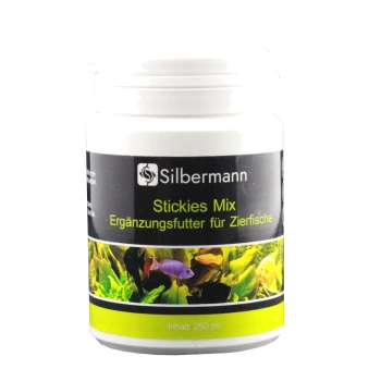 Behälter mit Silbermann Stickies Mix, einem Ergänzungsfutter für Zierfische, mit einem Fassungsvermögen von 250 ml.