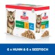 Hill's Science Plan Kittenfutterbox mit einem verspielten Kätzchen, mit 6 Portionen Huhn und 6 Portionen Meeresfisch, beschriftet "Chunks & Gravy."