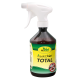 Eine braune Sprühflasche mit dem Etikett "cdVet insektoVet TOTAL" mit einem weißen Sprühkopf, das ein gelb-grünes Design und ein Symbol für keine Schädlinge aufweist.