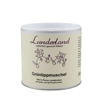 Behälter mit Lunderland Grünlippmuschel-Haustierergänzung, mit Cartoon-Hunden und -Katzen, beschriftet mit 100% Perna canaliculus, 250g.
