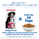Hill's Science Plan 14‑kg Hundefutterbeutel mit Hundefoto und Napf mit Trockenfutter; sichtbarer Text: 'Futter für 29 Tage' und '14-kg-Beutel'.