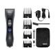 Wahl verzorgingsset voor huisdieren met snoerloze tondeuse, vier opzetkammen, oplader, reinigingsborstel, olie en zwarte opbergtas.