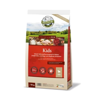BELLFOR PremiumPur Kids Hundefutterbeutel, 10 kg, mit Bildern von Zutaten, mit Text, der die ideale Ernährung für Welpen und säugende Hunde hervorhebt.