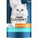 Purina Gourmet kattenvoerzakje met een witte kat op een blauwe achtergrond, gelabeld "Perle Genuss in Sauce" met tonijn- en zeevruchten smaak.