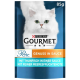 Pochette de nourriture pour chats Purina Gourmet présentant un chat blanc sur un fond bleu, étiquetée "Perle Genuss in Sauce" avec saveur de thon et de fruits de mer.