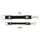 Zwei schwarze Bungee-Leinenverteiler mit Metallkarabinern und D-Ringen, beschriftet mit M-L und XS-S, mit Max & Molly Urban Pets-Logo.