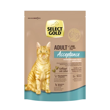 Emballage de nourriture pour chat Select Gold présentant un chat tigré doré, étiqueté "Adult Acceptance," avec des détails sur les ingrédients de volaille et de foie.