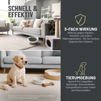 Katze liegt auf einem Sofa und Welpe sitzt auf einem Teppich mit Futternäpfen, Spielzeug und deutschem Text über Tierhygiene und Umwelt.