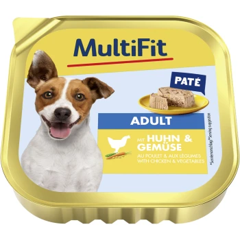 MultiFit Adult Paté for dogs, featuring chicken and vegetables, displayed in a gold container with a serving suggestion.