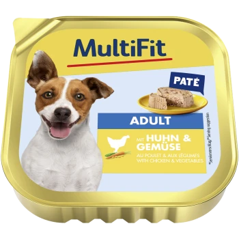 MultiFit Adult Paté für Hunde, mit Huhn und Gemüse, präsentiert in einem goldenen Behälter mit einer Servierempfehlung.