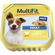 Paté MultiFit Adult pour chiens, présentant du poulet et des légumes, affiché dans un contenant doré avec une suggestion de service.