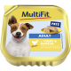 Paté MultiFit Adult pour chiens, présentant du poulet et des légumes, affiché dans un contenant doré avec une suggestion de service.