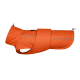 Helle orangefarbene Hundejacke mit reflektierenden Streifen und einer Schnalle, gekennzeichnet mit "DOG IDEA."