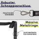 Hundeleine mit einem starken Schnappverschluss und Karabiner. Der Text lautet "Robuster Schnappverschluss" und "Massive Metallringe."