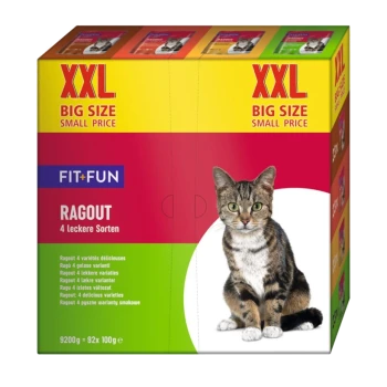 Eine bunte Schachtel Katzenfutter mit der Aufschrift 'XXL BIG SIZE SMALL PRICE', die eine getigerte Katze auf der Vorderseite zeigt, mit dem Text 'FIT+FUN RAGOUT 4 leckere Sorten'.