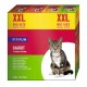 Een kleurrijke doos kattenvoer gelabeld 'XXL BIG SIZE SMALL PRICE' met een tabby kat op de voorkant, met de tekst 'FIT+FUN RAGOUT 4 lekkere soorten.'