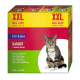 Eine bunte Schachtel Katzenfutter mit der Aufschrift 'XXL BIG SIZE SMALL PRICE', die eine getigerte Katze auf der Vorderseite zeigt, mit dem Text 'FIT+FUN RAGOUT 4 leckere Sorten'.