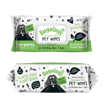 Bugalugs duftfreie Tierwischtücher, 110 biologisch abbaubar, plastikfrei, pflanzenbasiert, für ganzen Körper, Po und Pfoten, mit Hundeillustration.