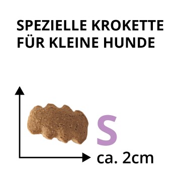 Kleine braune Hundekroketten mit Messpfeilen, violettem ‚S‘ und ‚ca. 2 cm‘; Text: ‚SPEZIELLE KROKETTE FÜR KLEINE HUNDE‘.