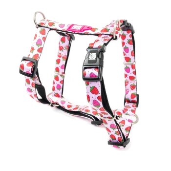 Pinkes Hundegeschirr mit rotem und lila Erdbeermuster und schwarzer Schnalle mit der Aufschrift „Woof Woof“ auf weißem Hintergrund.